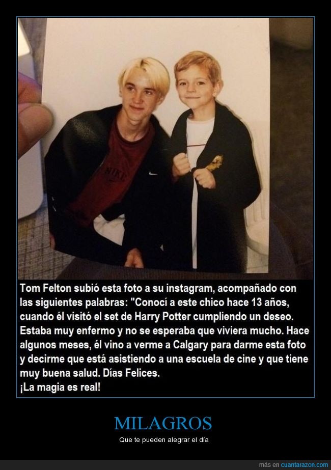 tom felton,draco malfoy,instagra,subir,foto,niño,enfermo,curado,actor,harry potter,make a wish