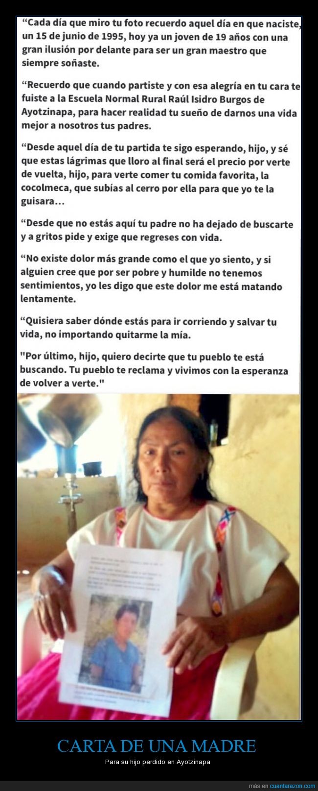 Madre,amor,buscar,perdido,maestro,estudios,comida,dinero,pobre,mexico,hijo,asesinado,asesinato,desesperada,ayotzinapa