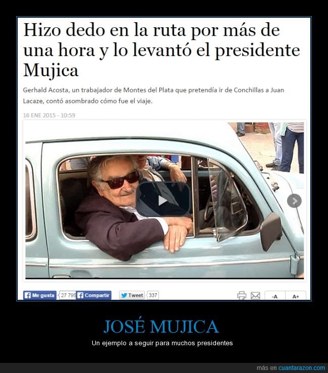 Uruguay,presidente,Jose Mujica,autoestop,autostop,autostopista,parar,llevar,carretera