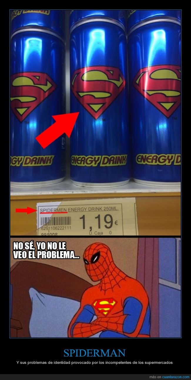 spiderman,superman,logo,icono,energy drink,bebida energetica,precio,etiquetado,no tienen ni idea