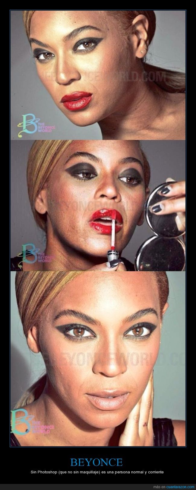 Beyonce,cara,piel,maquillaje,photoshop,truco,montaje,realidad,real,verdad,imperfecciones como cualquiera