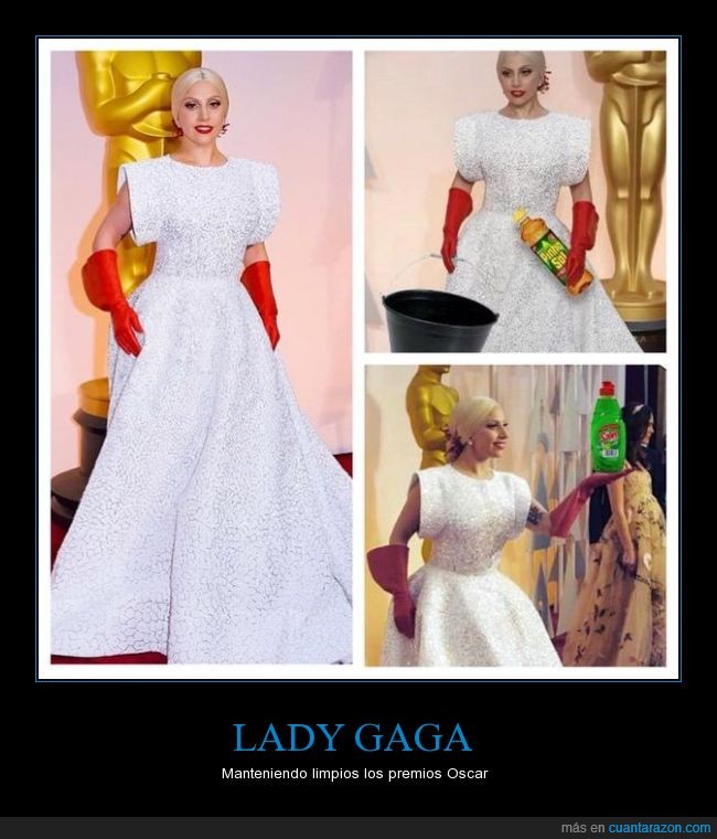 Lady Gaga,Oscar,premios,guantes,rojos,limpiar,goma,lavar,platos,oscars 2015