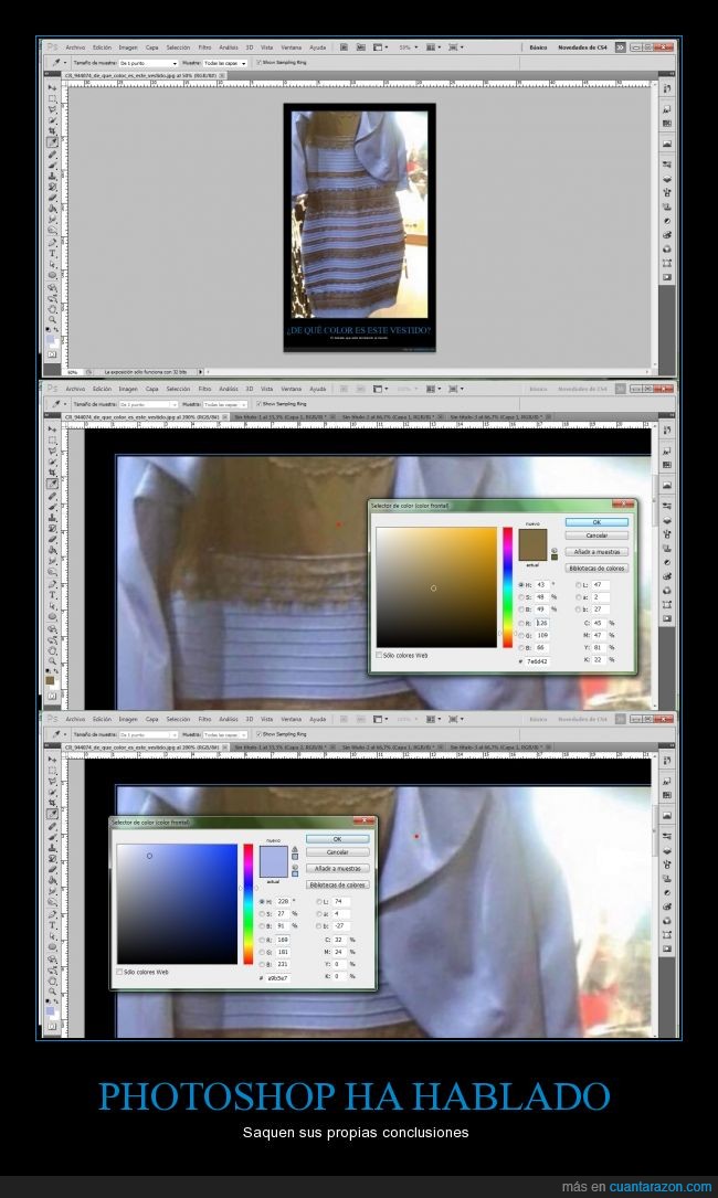 Photoshop,no estoy loco,conclusion,color,vestido,The Dress,azul,blanco,dorado,negro