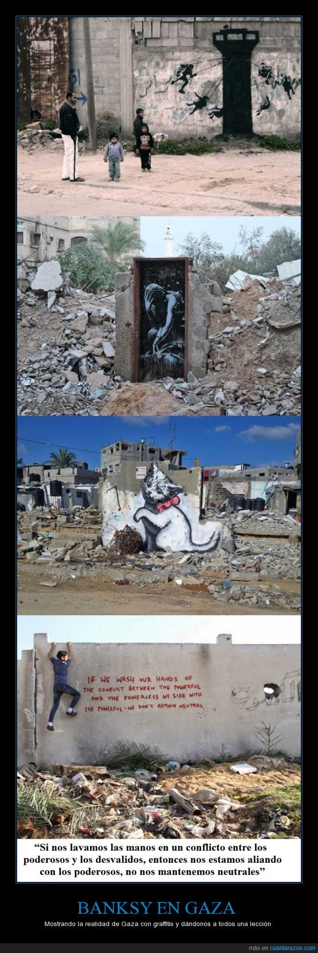 banksy,gaza,destrucción,realidad,graffiti,colar,cuela,tunel,gato,ciudad