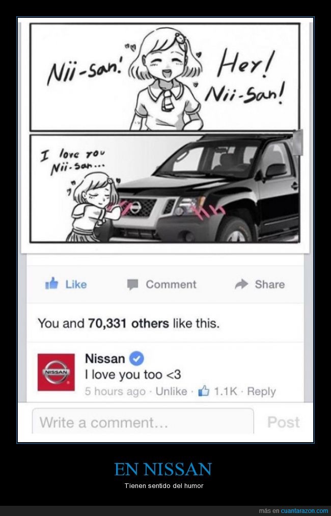 Nissan,nii-san,anime,japones,kawaii,japon,i love you too,coches,marca,respuesta,facebook,contestación