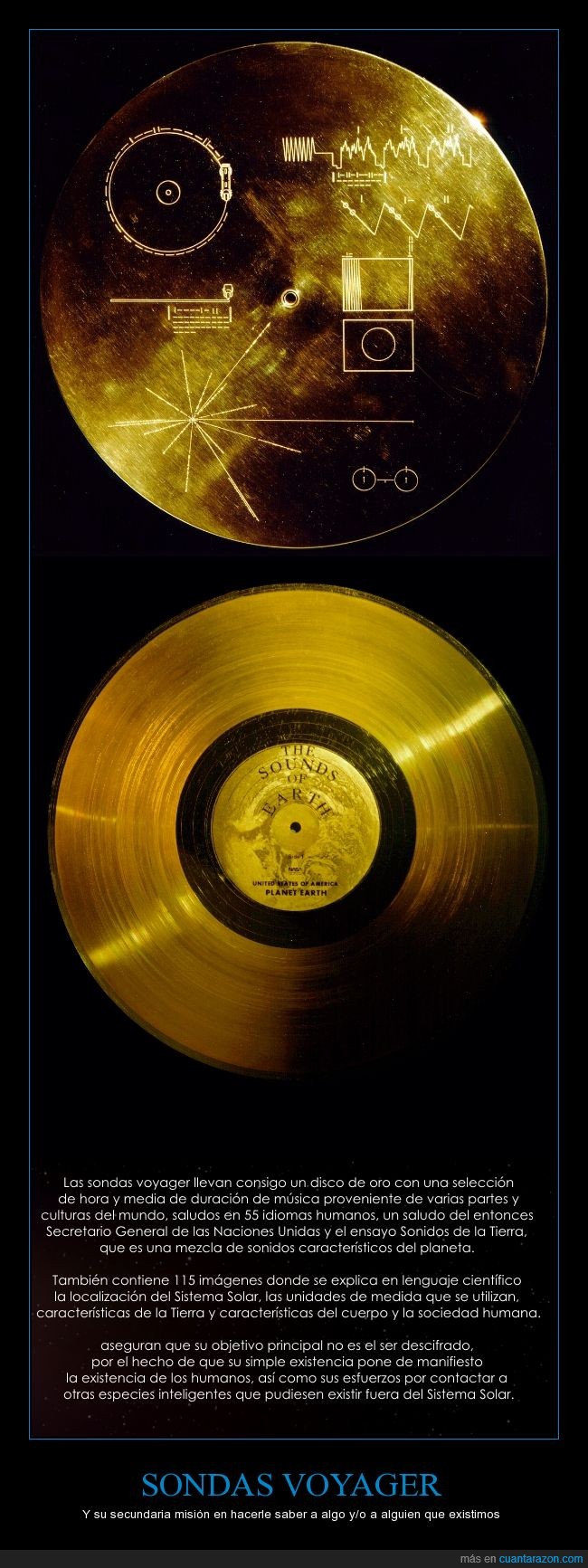 Voyager 1 y 2,las sondas pioneer 11 y 10 tambien tienen algo similar,disco de oro,sonidos de la tierra,voyager