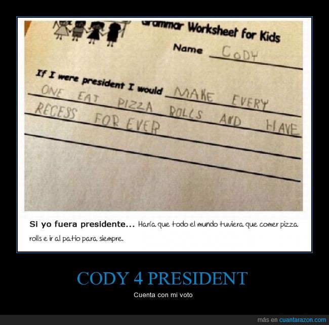 Cody,deberes,mandato,niño,patio,pizza rolls,presidente,siempre,votacion,votar