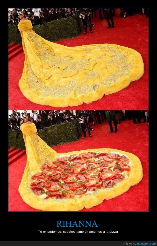 pizza,vestido,met,amarillo,comer,comida,Rihanna