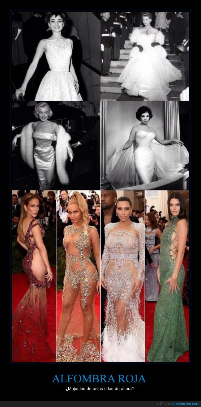 alfombra roja,antes,después,met,gala,vestido,tapada,tapar,enseñar,Jennifer Lopez,Beyonce,Kim Kardashian,Marilyn Monroe,Audrey Hepburn,Sophia Loren,transparencia