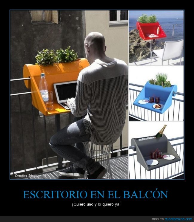 balcon,barandilla,comodidad,comodo,escritorio,ingenioso,invento,mesa,portatil