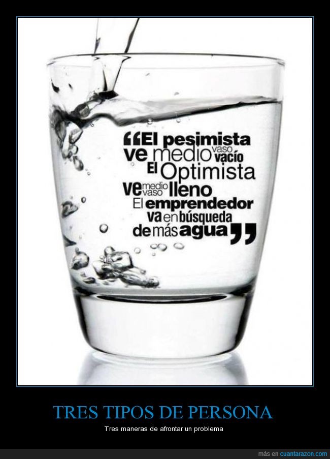 tres,tipo,persona,pesimista,optimista,lleno,vacio,emprendedor,decidido,decidir,buscar,agua,busqueda,mas