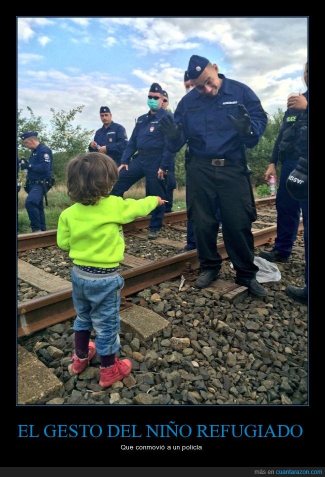gesto,refugiados,policia,ofrecer,galleta,niño,control