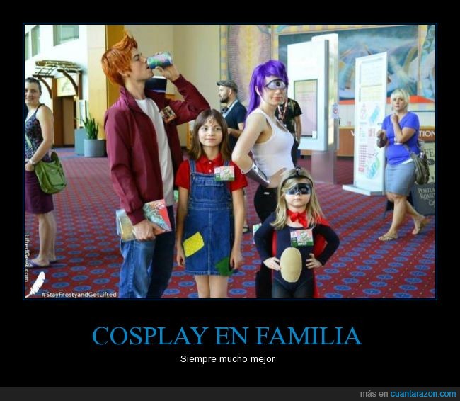 familia,cosplay,disfraz,Futurama,Leela,Fry,Mordisquitos