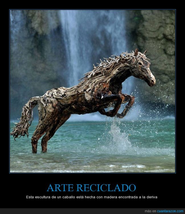 caballo,escultura,rio,madera,reciclada,reciclaje,deriva,naturaleza