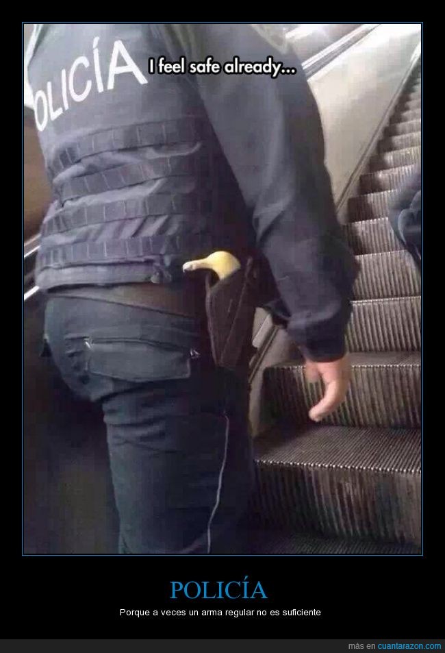 policia,arma,banana,escaleras,potasio,pistola,funda,fruta