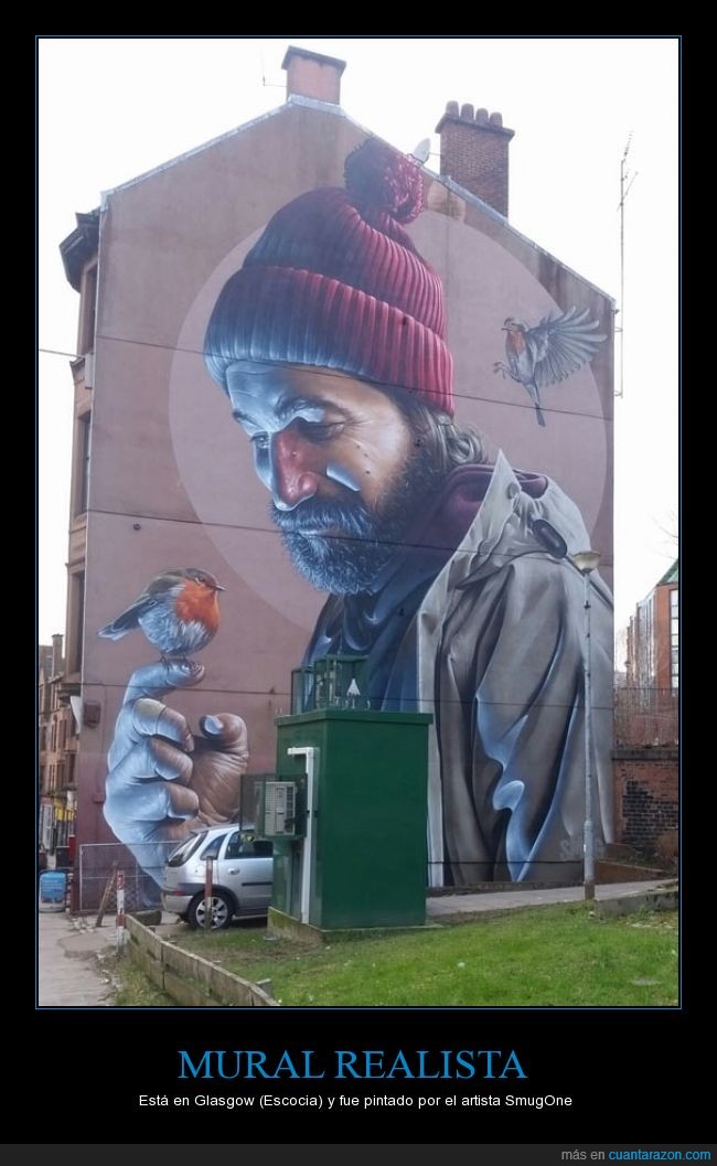 mural,genial,spray,escocia,artista,smugone,Glasgow,hombre,pájaro,realista,hiperralista