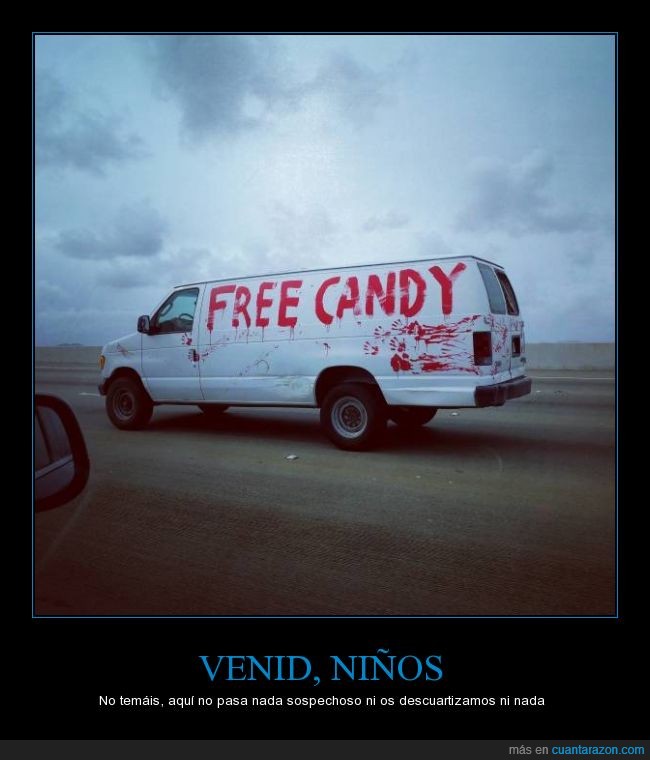 blanca,caramelos,free candy,furgoneta,gratis,marioneta,miedo,sangre
