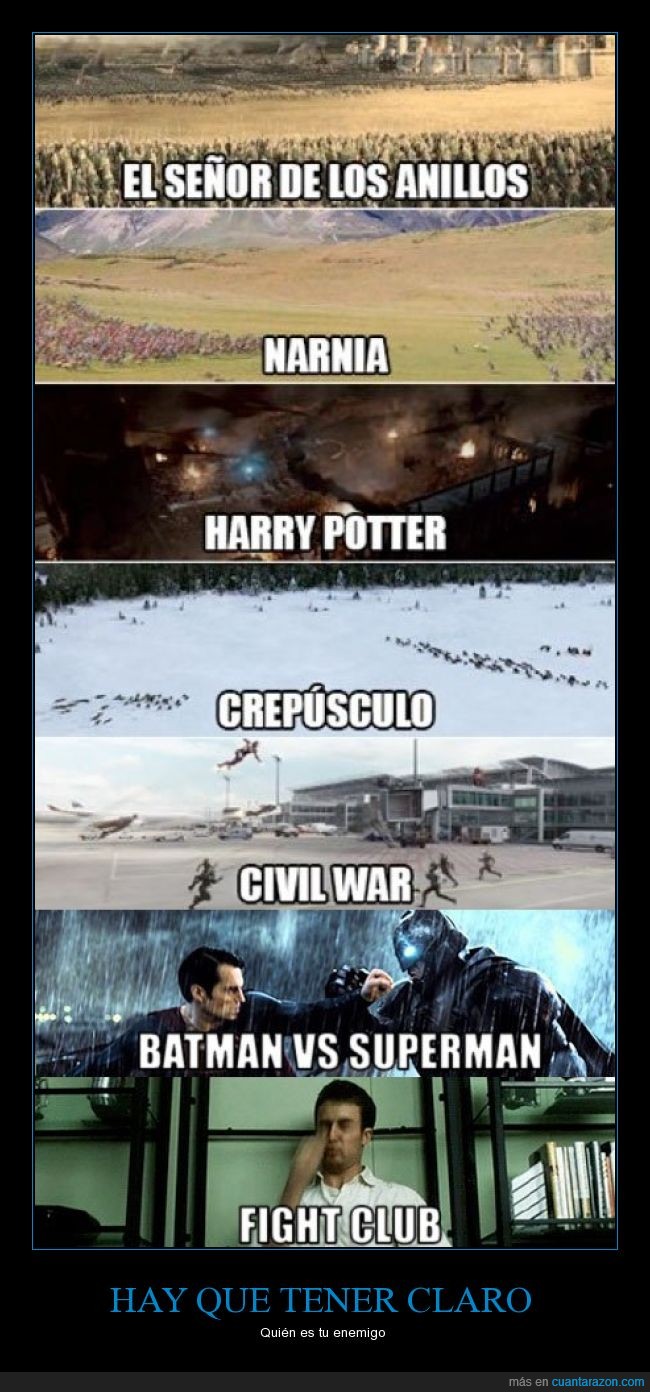 Batman vs superman,Civil War,descripción cutre se me seco el cerebro,El señor de los anillos,Fight Club,Harry Potter,Narnia,Twilight