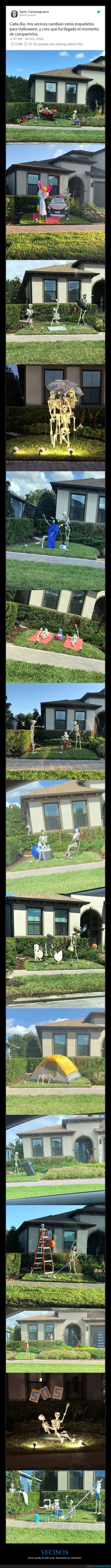 vecinos,esqueletos,decoración,halloween