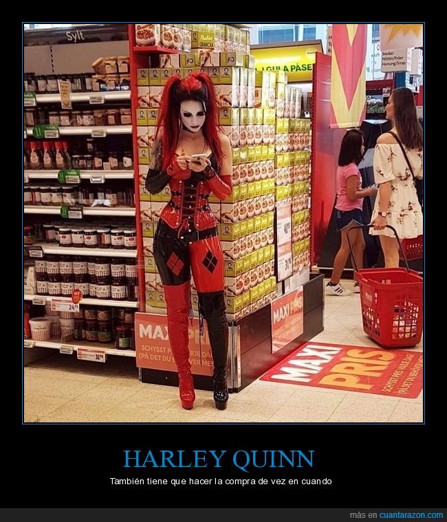 harley quinn,disfraz,cosplay,supermercado