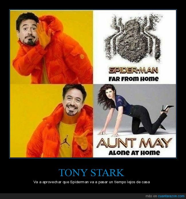 drake,spiderman,tía may,tony stark