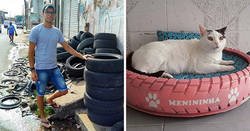 Enlace a Este artista brasileño utiliza los neumáticos usados que la gente tira en la calle para crear camas para animales