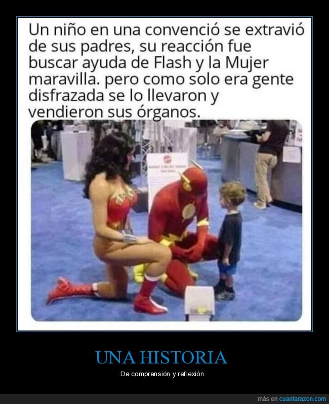 niño,perdido,padres,wonder woman,flash,disfrazados,vender,órganos