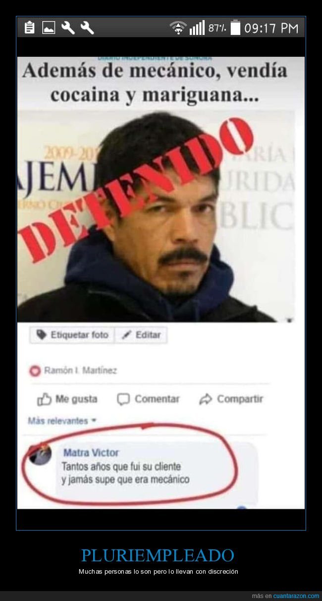 mecánico,traficante,detenido,comentario,facebook