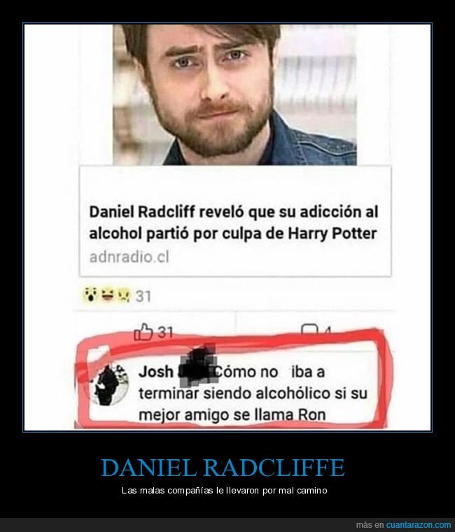 daniel radcliffe,adicción,alcohol,harry potter,comentario,amigo,ron,absurdo