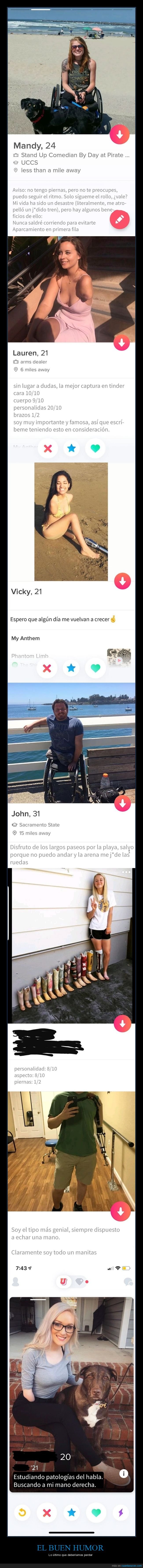 ampu tados,miembros,buen humor,tinder,ligar,humor