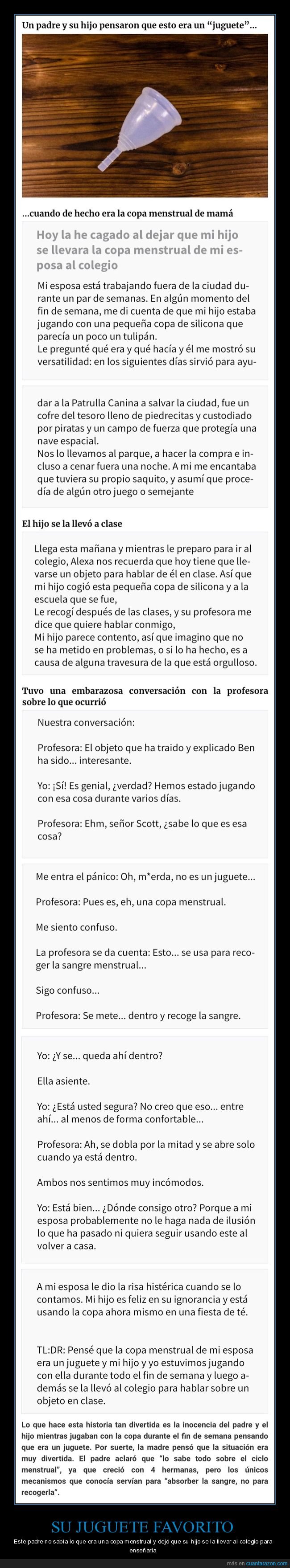 juguete,copa menstrual,colegio,padre,hijo,fails