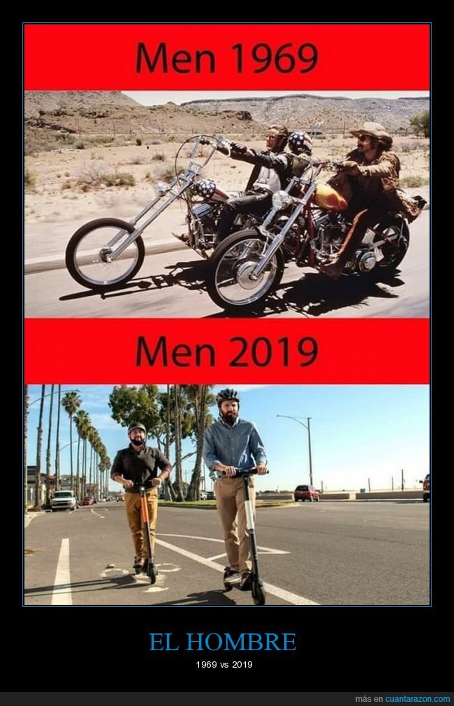 hombres,antes,ahora,motos,patinetes eléctricos