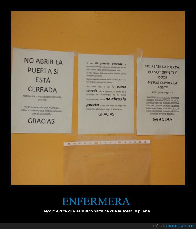 enfermera,harta,abrir,puerta,cartel