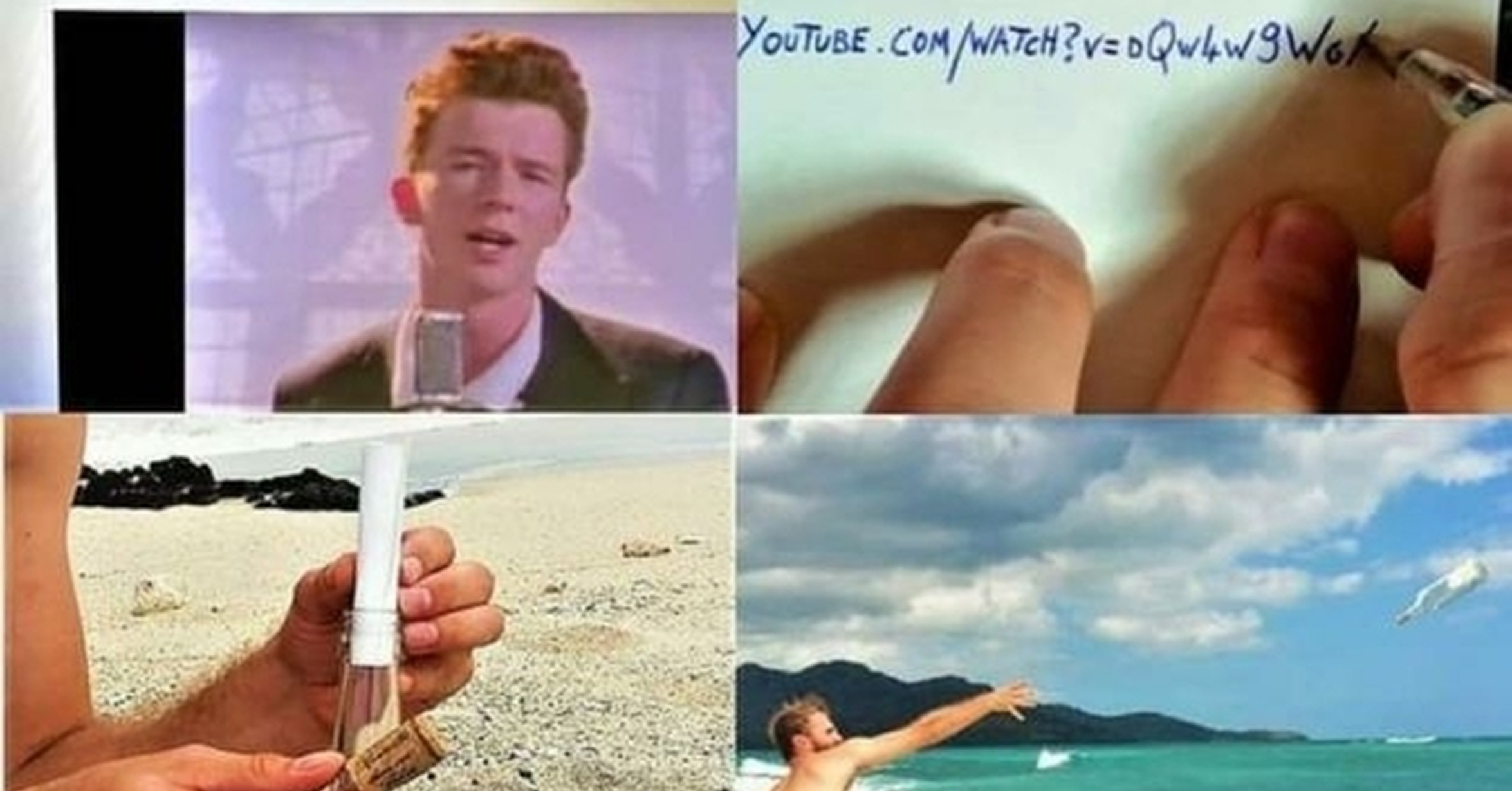 botella,mensaje,rick astley,trolling.