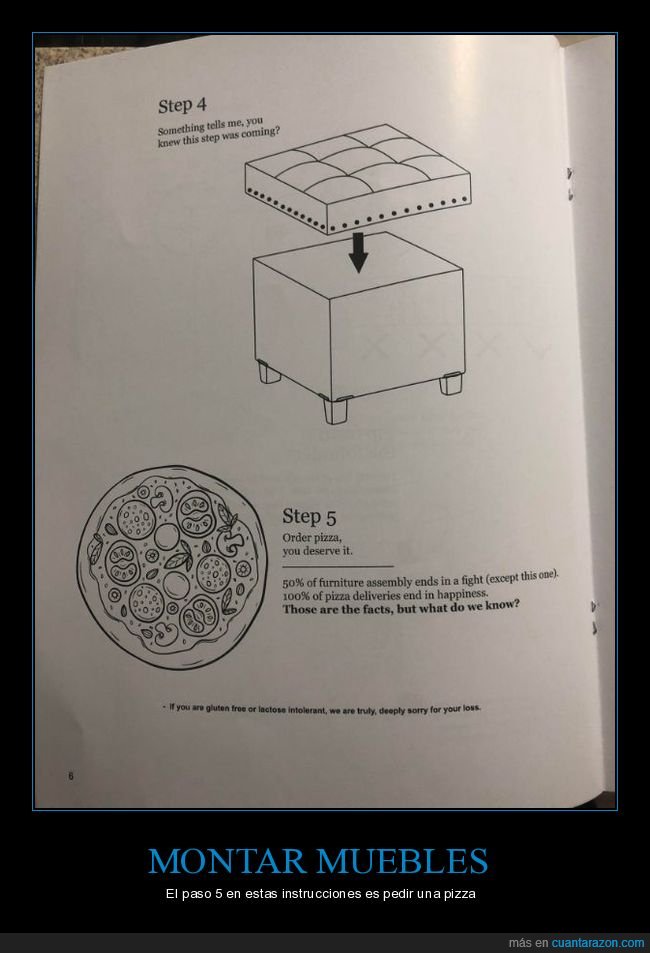 montar,muebles,instrucciones,pedir,pizza