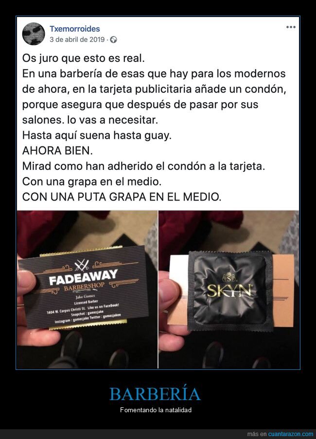 barbería,tarjeta publicitaria,condón,grapa,fails