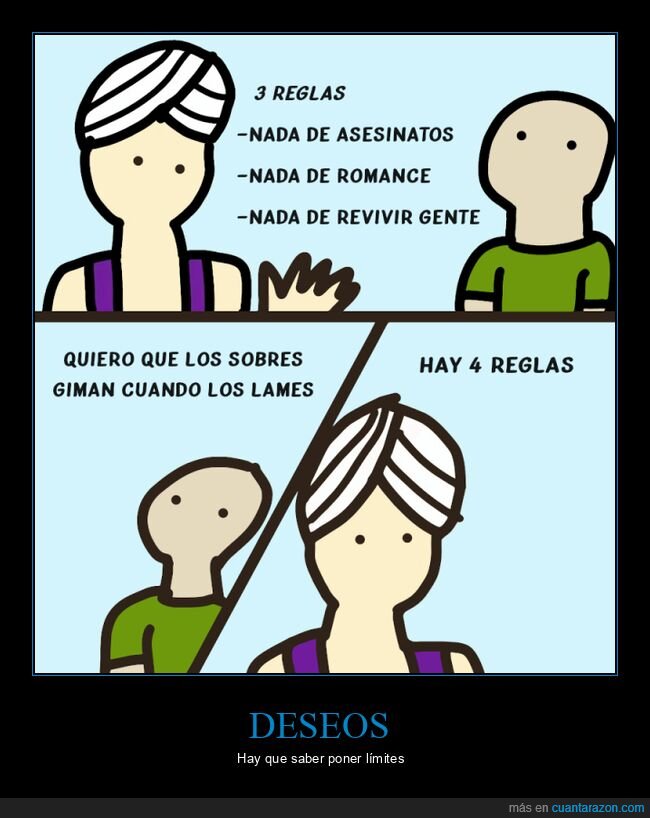 genio,deseos,reglas,sobres,gemir,lamer