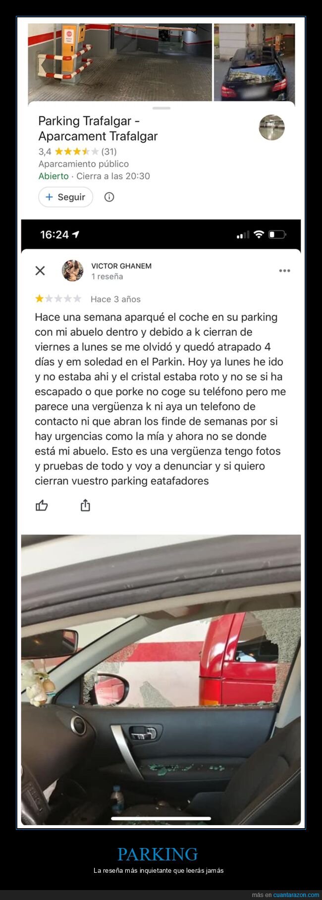 abuelo,coches,parking,reseña,wtf