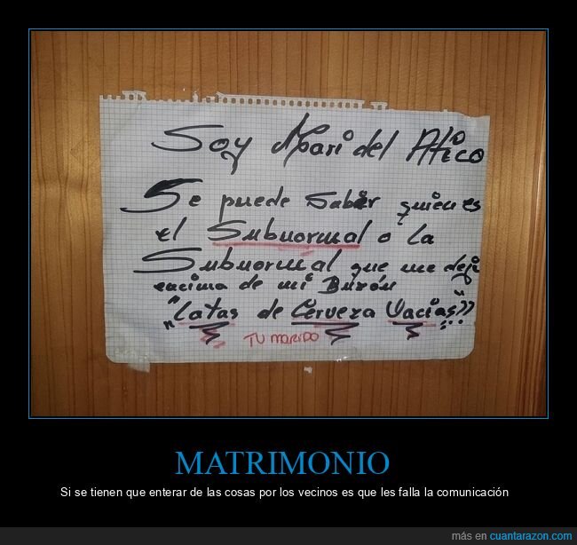 buzón,carteles,cerveza,marido,vecinos