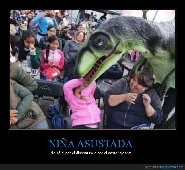 Etiquetasasustarse,castor,dientes,dinosaurio,niña,señora