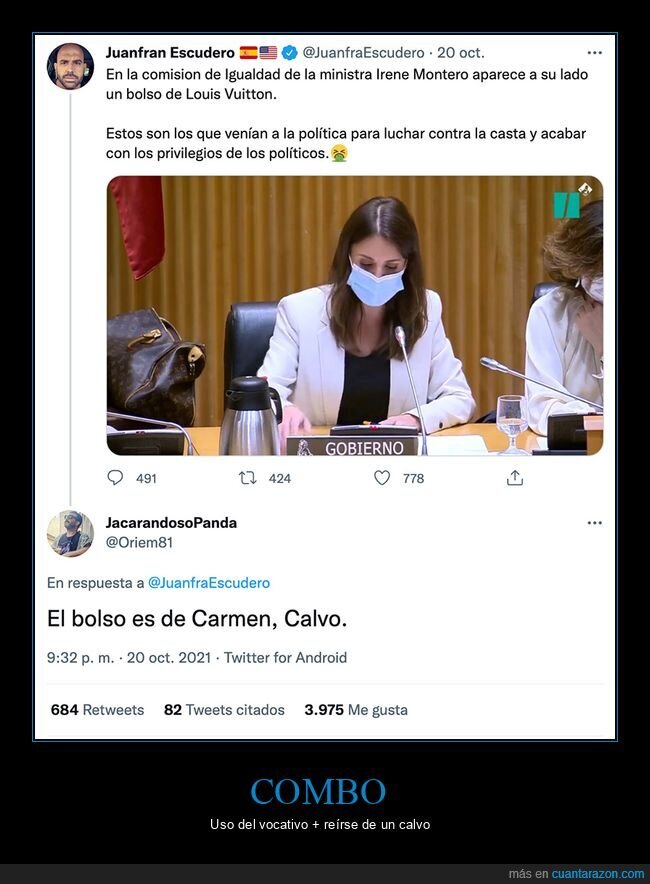 bolso,carmen calvo,fails,irene montero,juanfran escudero,políticos,zasca