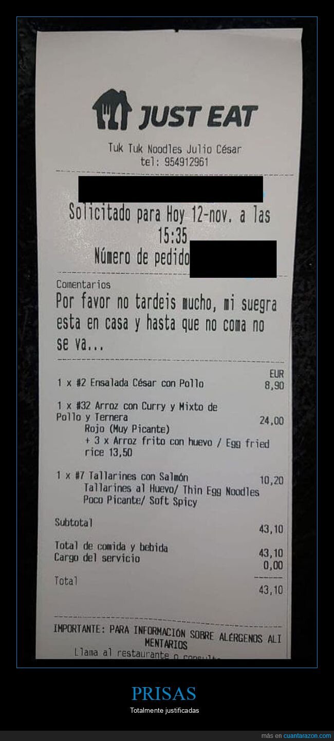 just eat,ticket,comentarios,suegra,tardar,comer,irse