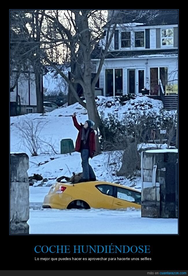 coche,río,congelado,hundiéndose,selfies