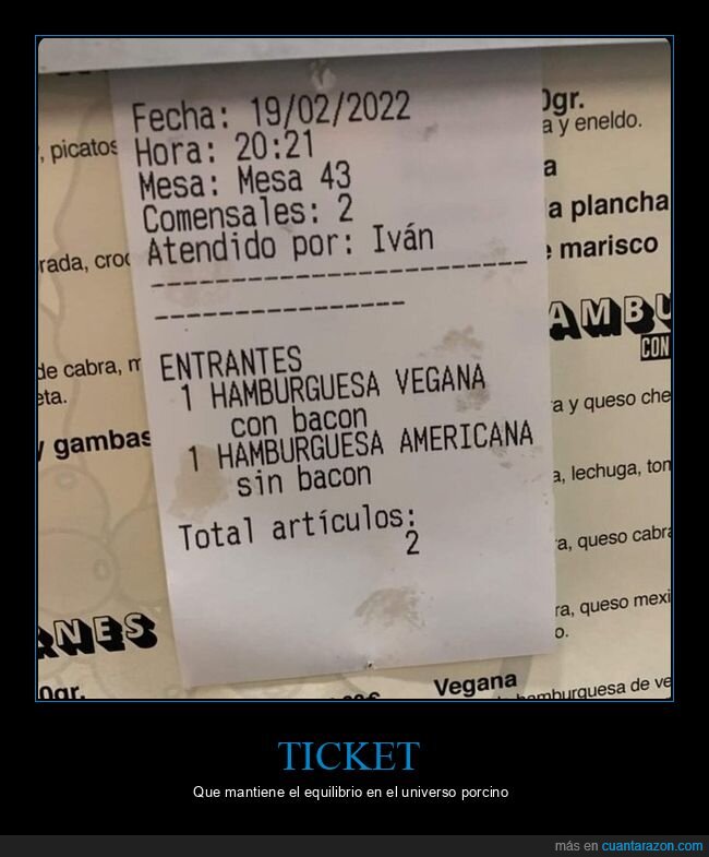 ticket,hamburguesa,vegana,bacon