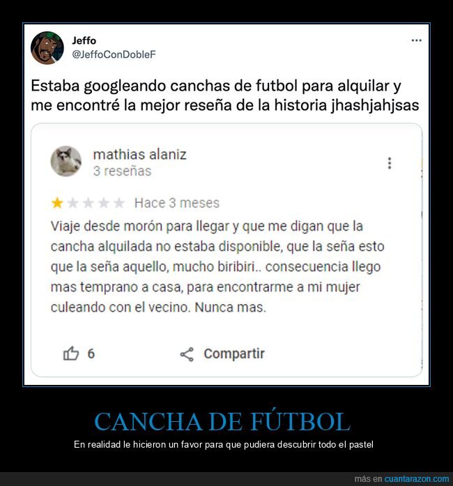 cancha de fútbol,mujer,reseña,vecino