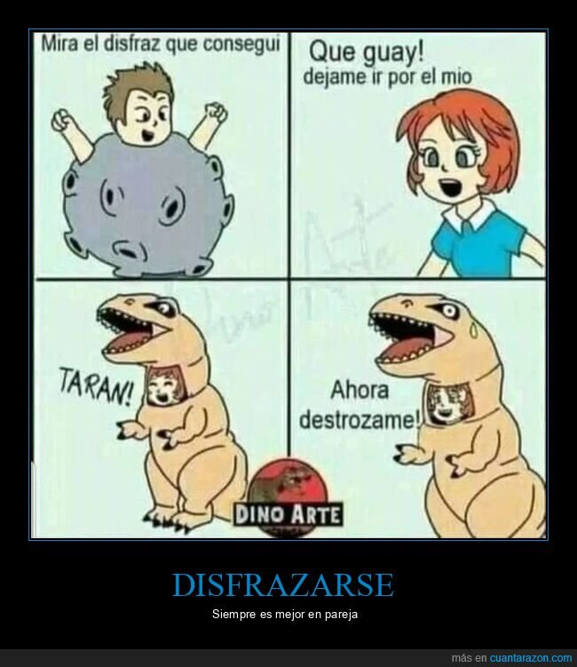 disfraz,meteorito,dinosaurio,pareja,destrozar