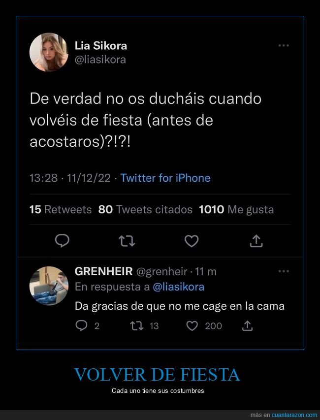 acostarse,cagar,cama,ducharse,fiesta