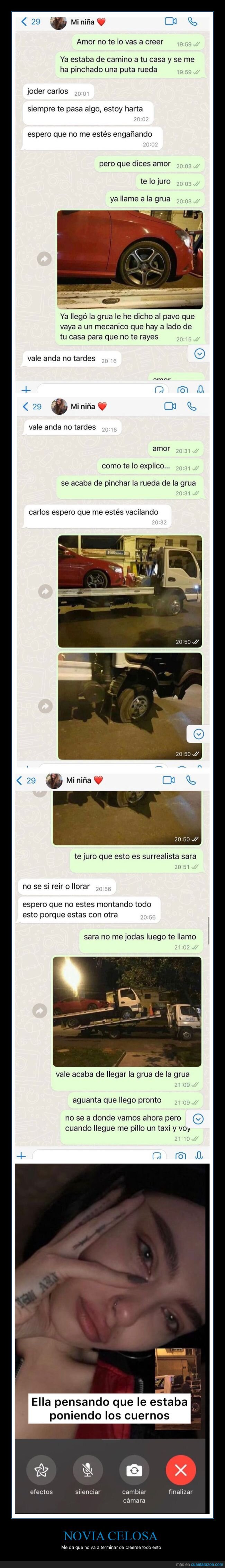 celosa,coches,grúa,novia,pinchar,whatsapp