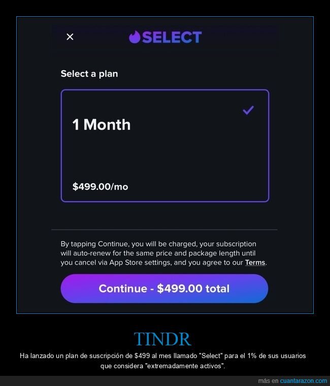 tindr,suscripción,select