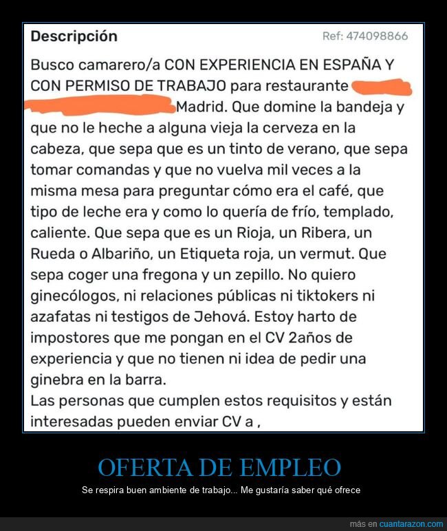 oferta de empleo,trabajo,camarero